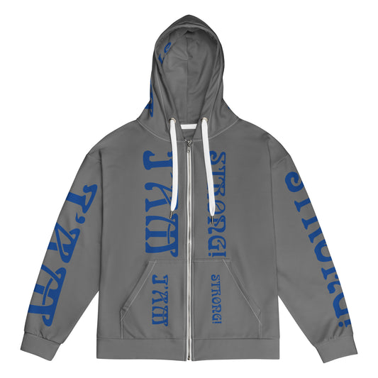 “I’AM STRONG!”Grey Unisex Zip Hoodie W/Blue Font