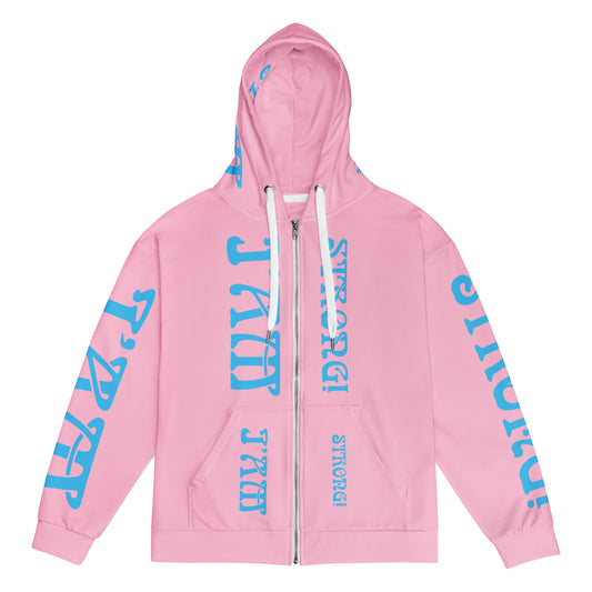 “I’AM STRONG!”Cotton Candy Unisex Zip Hoodie W/SkyBlue Font