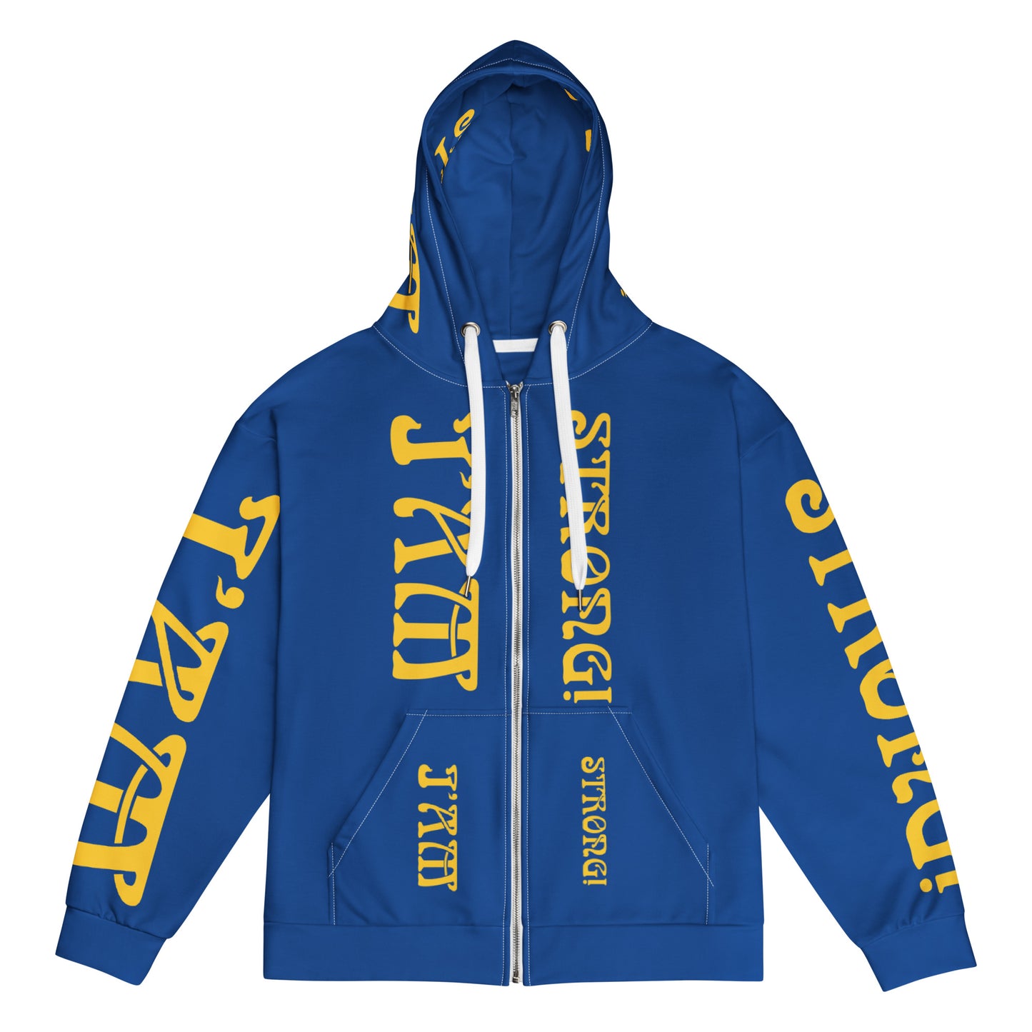 “I’AM STRONG!”Blue Unisex Zip Hoodie W/Yellow Font