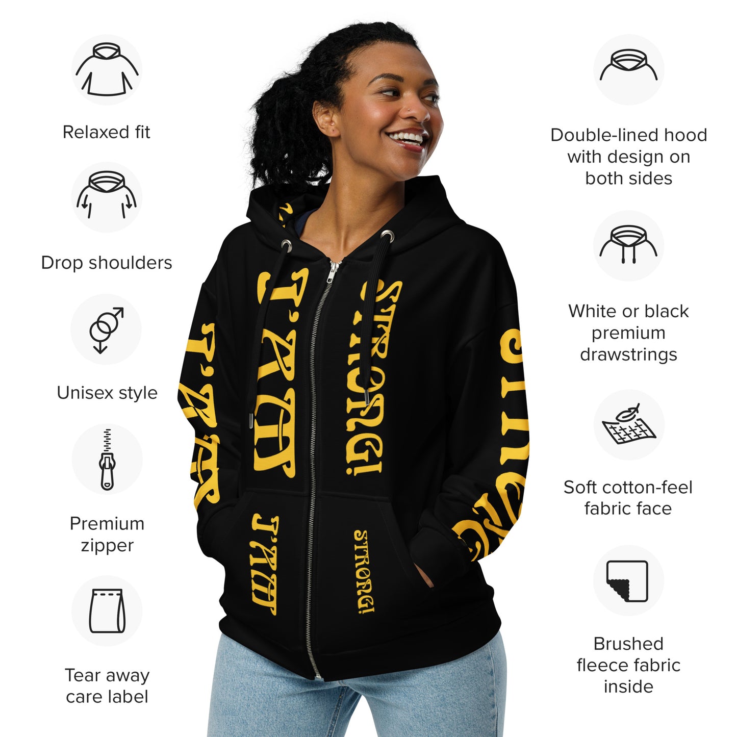 “I’AM STRONG!”Black Unisex Zip Hoodie W/Yellow Font