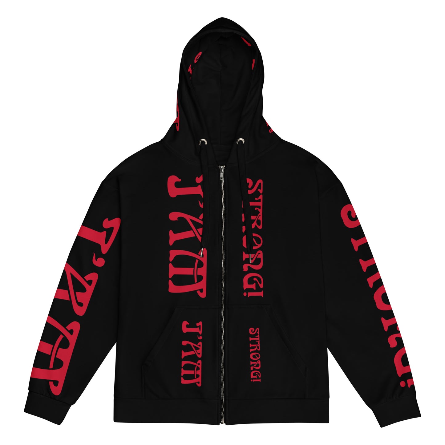 “I’AM STRONG!”Black Unisex Zip Hoodie W/Red Font