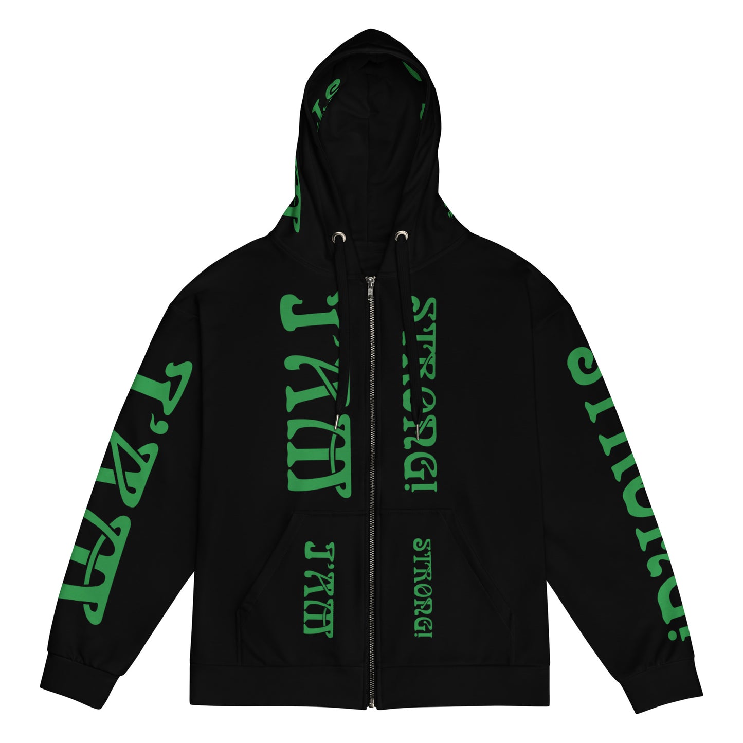 “I’AM STRONG!”Black Unisex Zip Hoodie W/Green Font