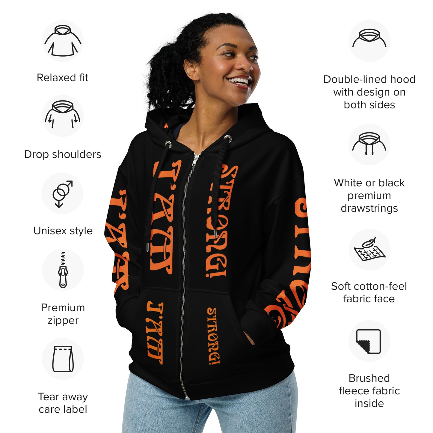 “I’AM STRONG!”Black Unisex Zip Hoodie W/Orange Font