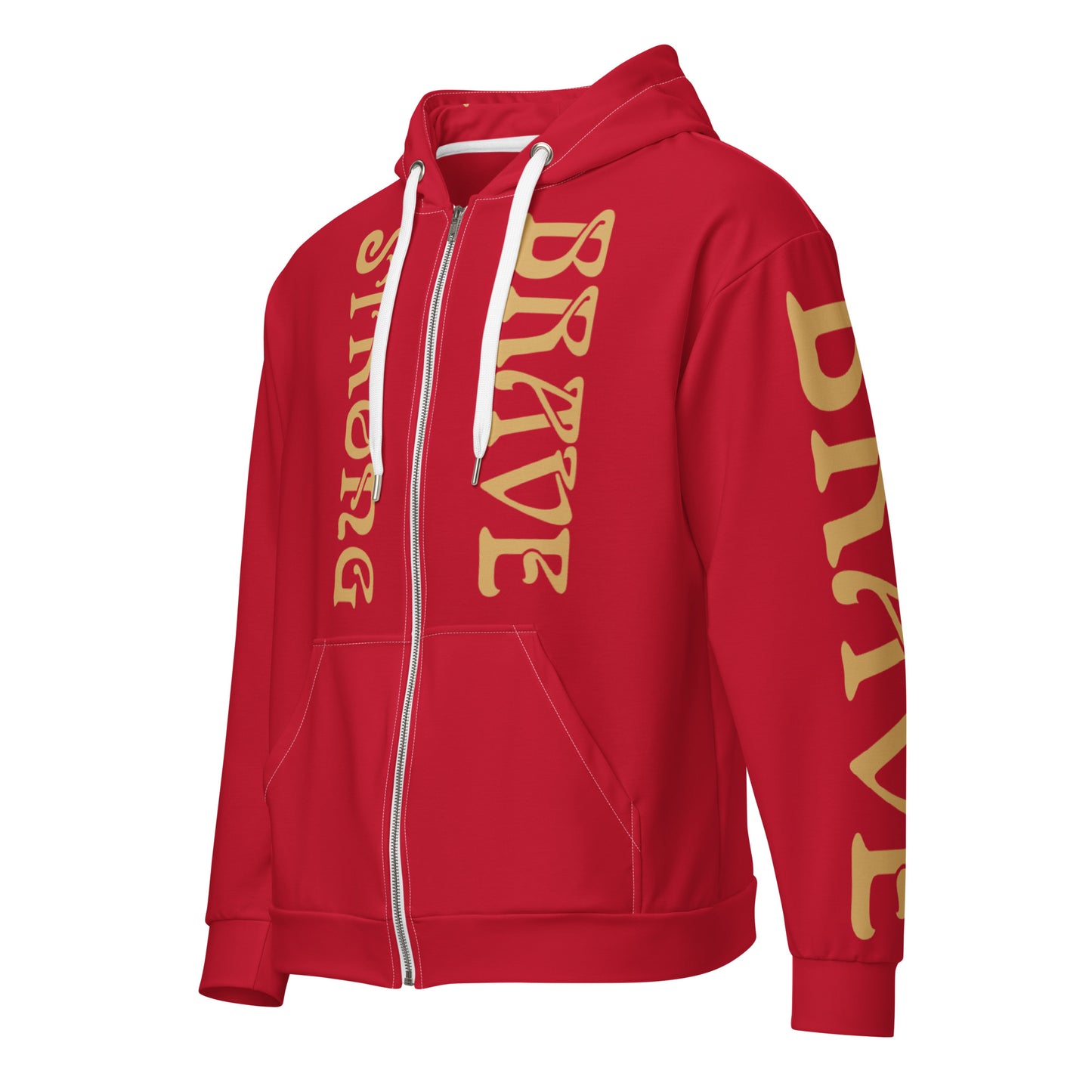 “STRONG,BRAVE”Red Unisex Zip Hoodie W/Fawn Font