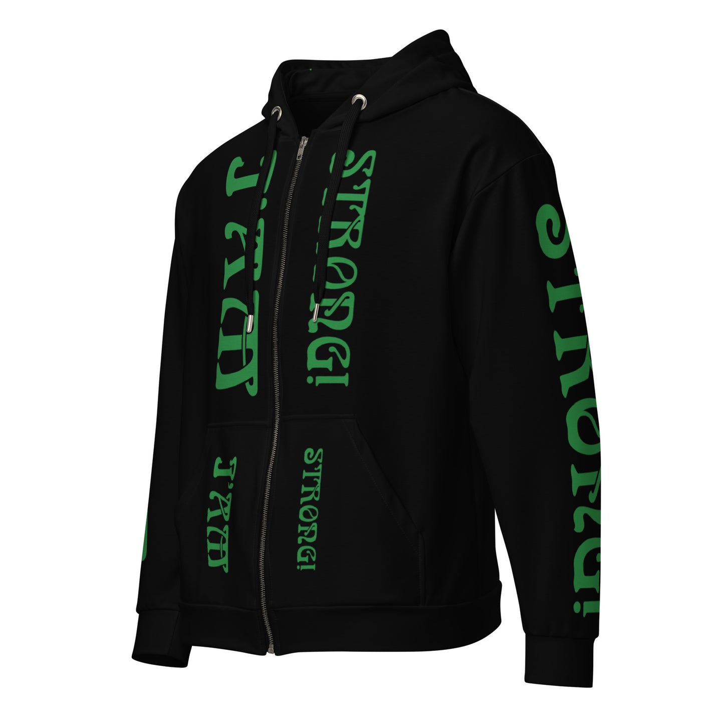 “I’AM STRONG!”Black Unisex Zip Hoodie W/Green Font