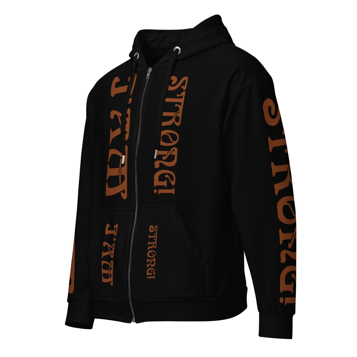 “I’AM STRONG!”Black Unisex Zip Hoodie W/Brown Font