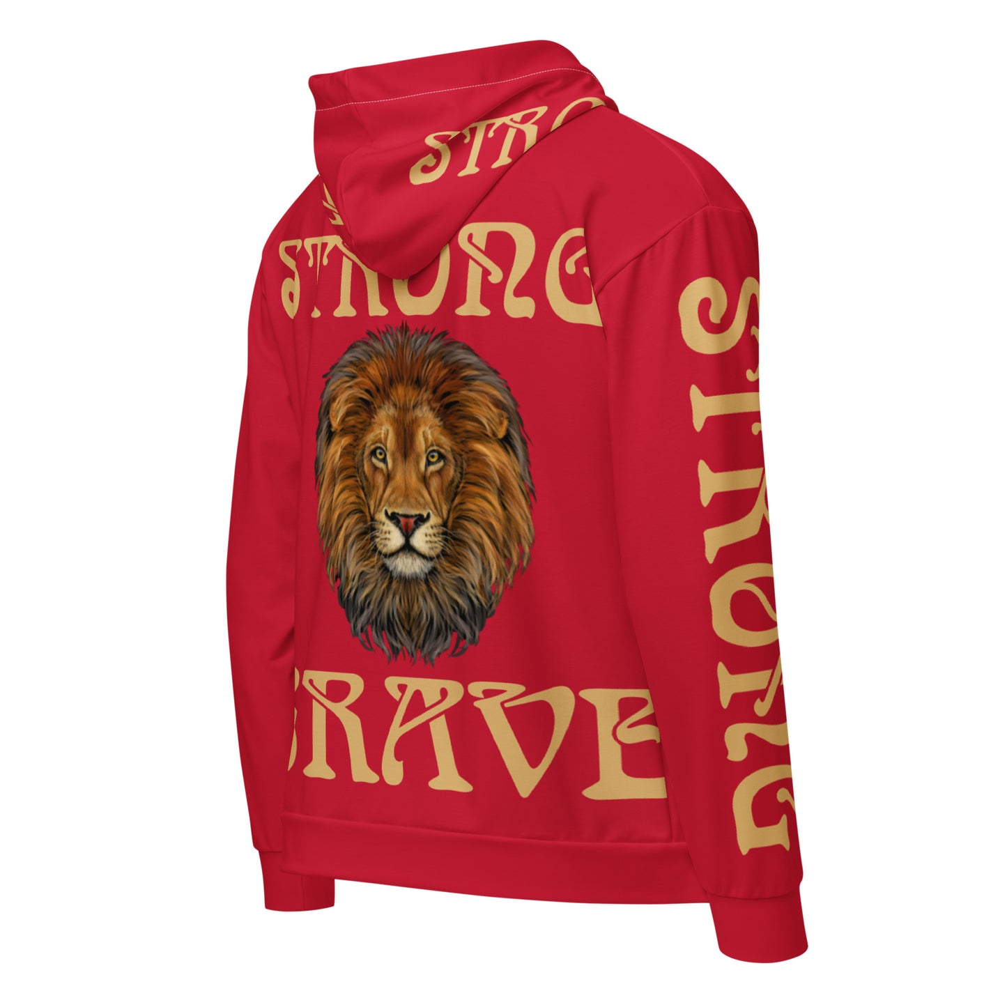 “STRONG,BRAVE”Red Unisex Zip Hoodie W/Fawn Font