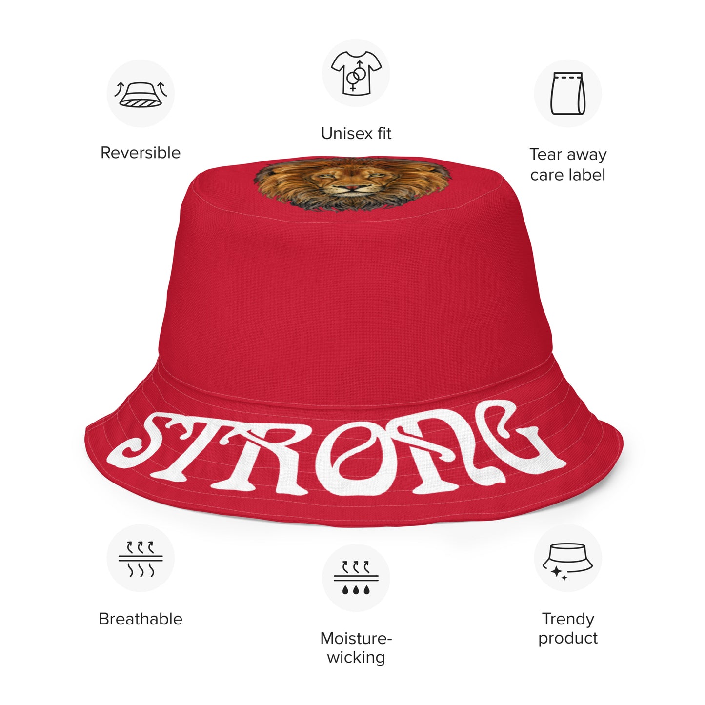 “STRONG”Red Reversible Bucket Hat W/White Font