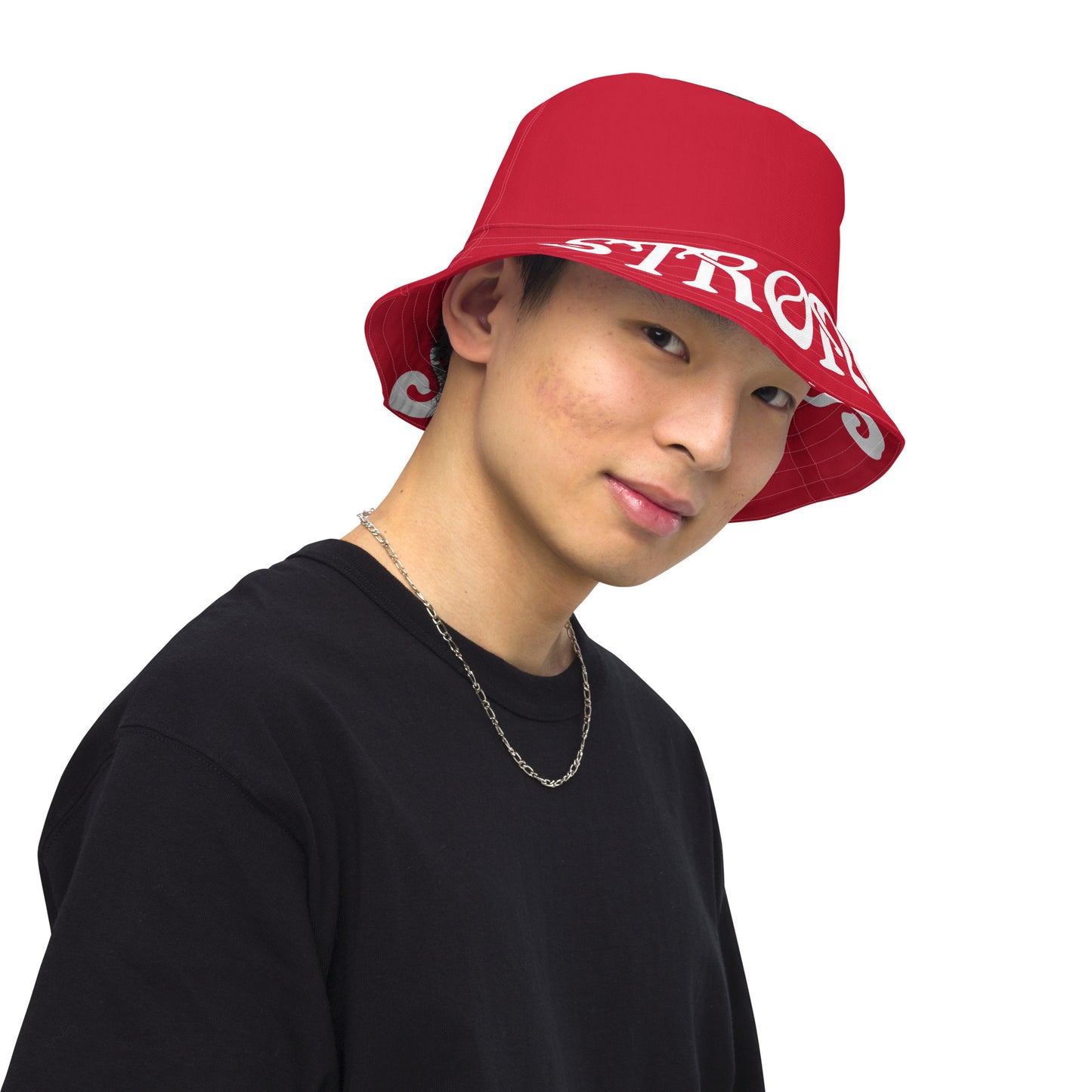 “STRONG”Red Reversible Bucket Hat W/White Font