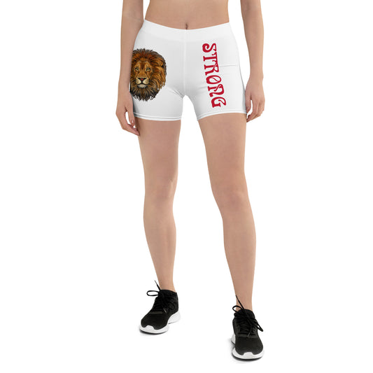 “STRONG” White Yoga Shorts W/Red Font