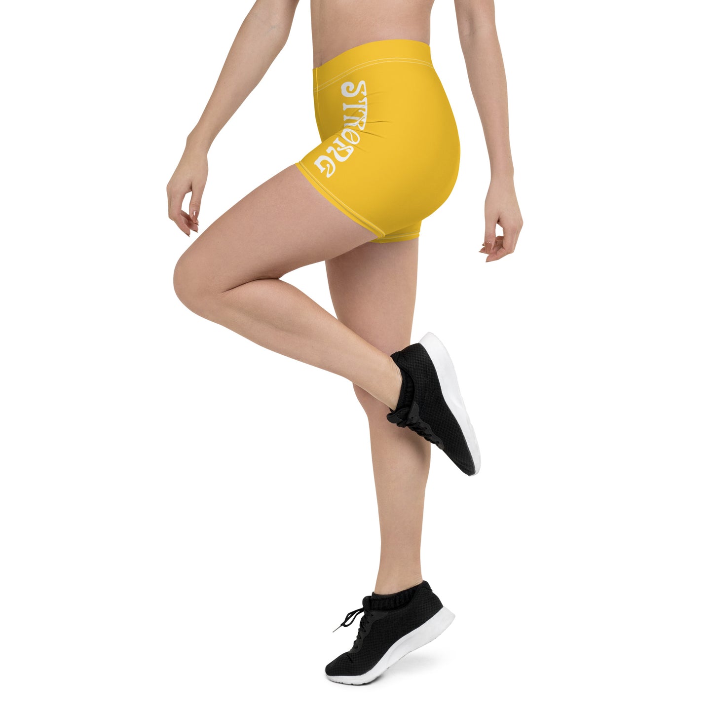 “STRONG” Yellow Yoga Shorts W/White Font