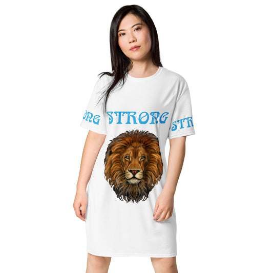 “STRONG”White T-Shirt Dress W/SkyBlue Font