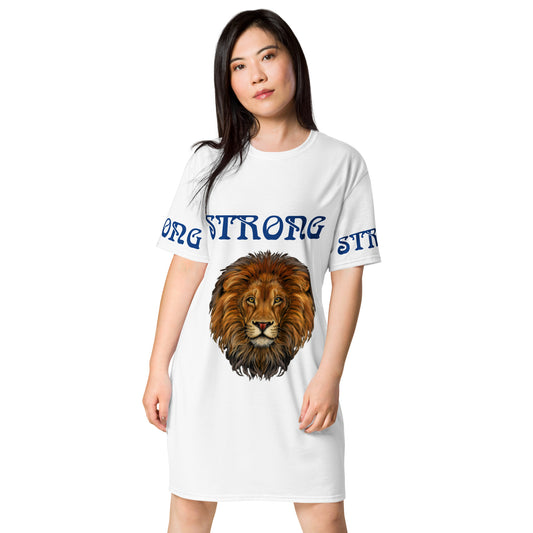 “STRONG”White T-Shirt Dress W/Navy Blue Font