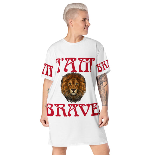 “I’AM BRAVE!”White T-Shirt Dress W/Red Font