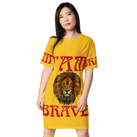 “I’AM BRAVE!” Yellow T-Shirt Dress W/Red Font