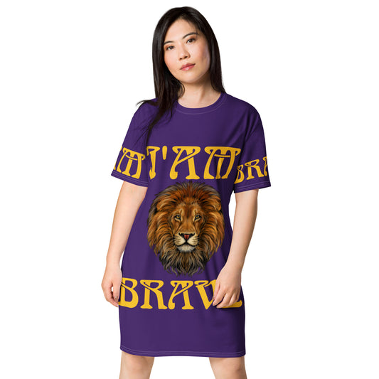 “I’AM BRAVE!”Purple T-Shirt Dress W/Yellow Font