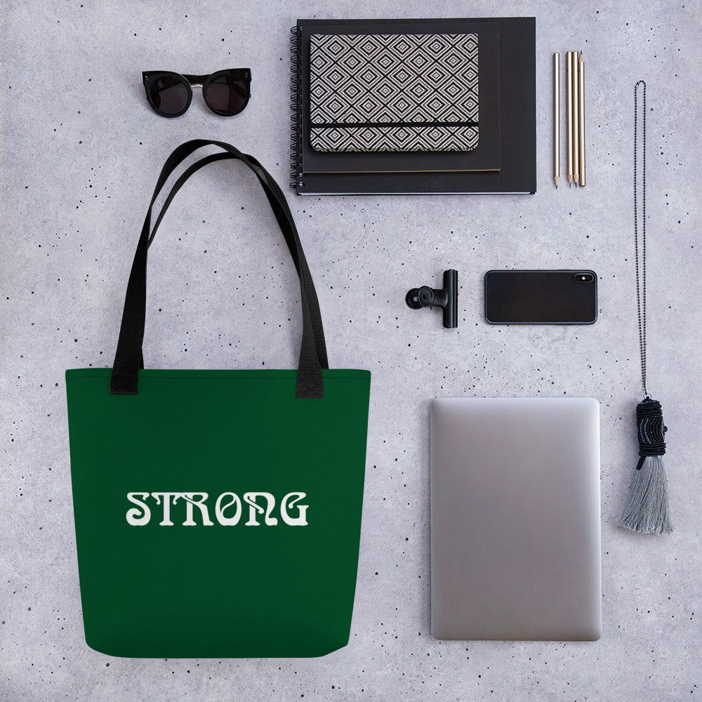 "STRONG"Green Tote Bag W/White Font