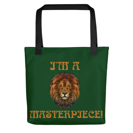 “I’M A MASTERPIECE!”Green Tote Bag W/Bronze Font