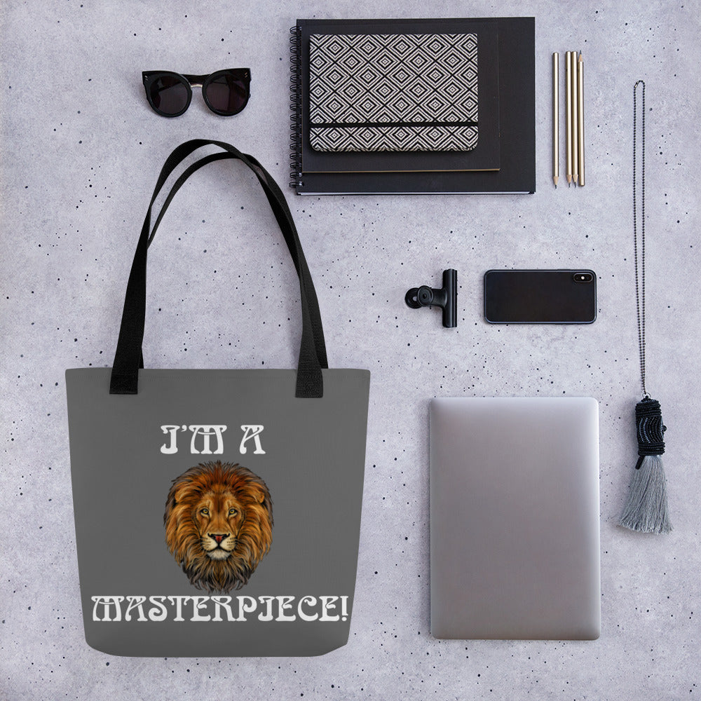 “I’M A MASTERPIECE!”Grey Tote Bag W/White Font