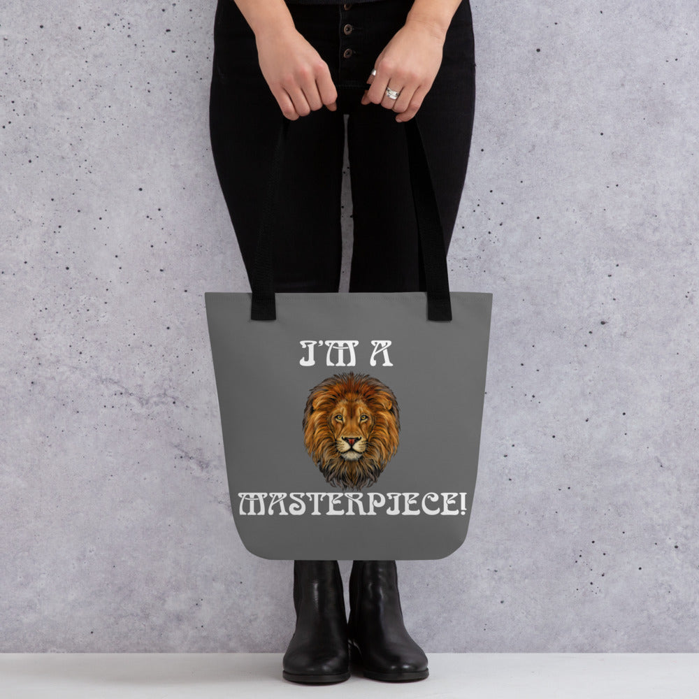 “I’M A MASTERPIECE!”Grey Tote Bag W/White Font