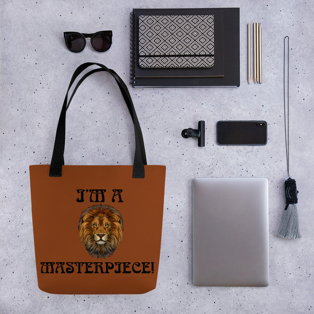 “I’M A MASTERPIECE!”Brown Tote Bag W/Black Font