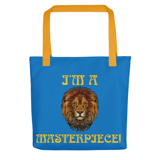 “I’M A MASTERPIECE!”Blue Tote Bag W/Yellow Font