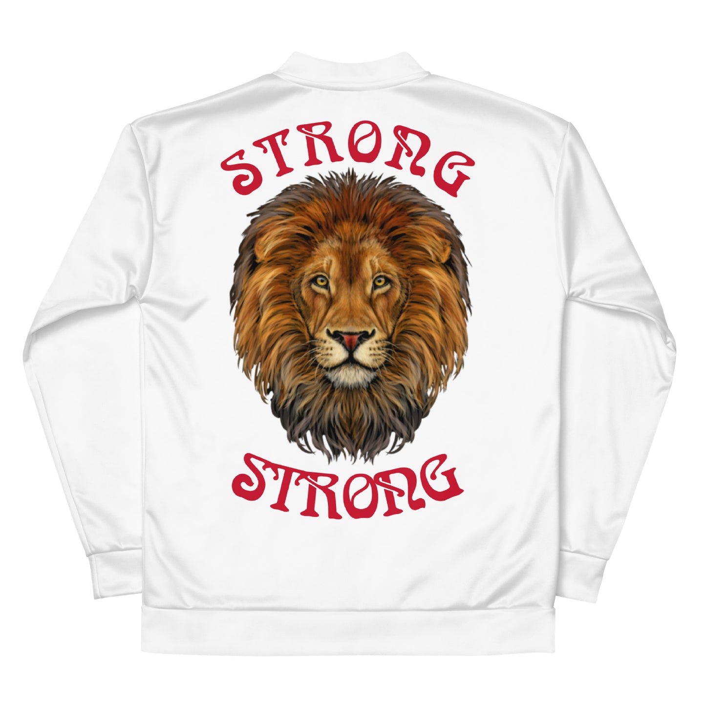 "STRONG"White Unisex Bomber Jacket W/Red Font