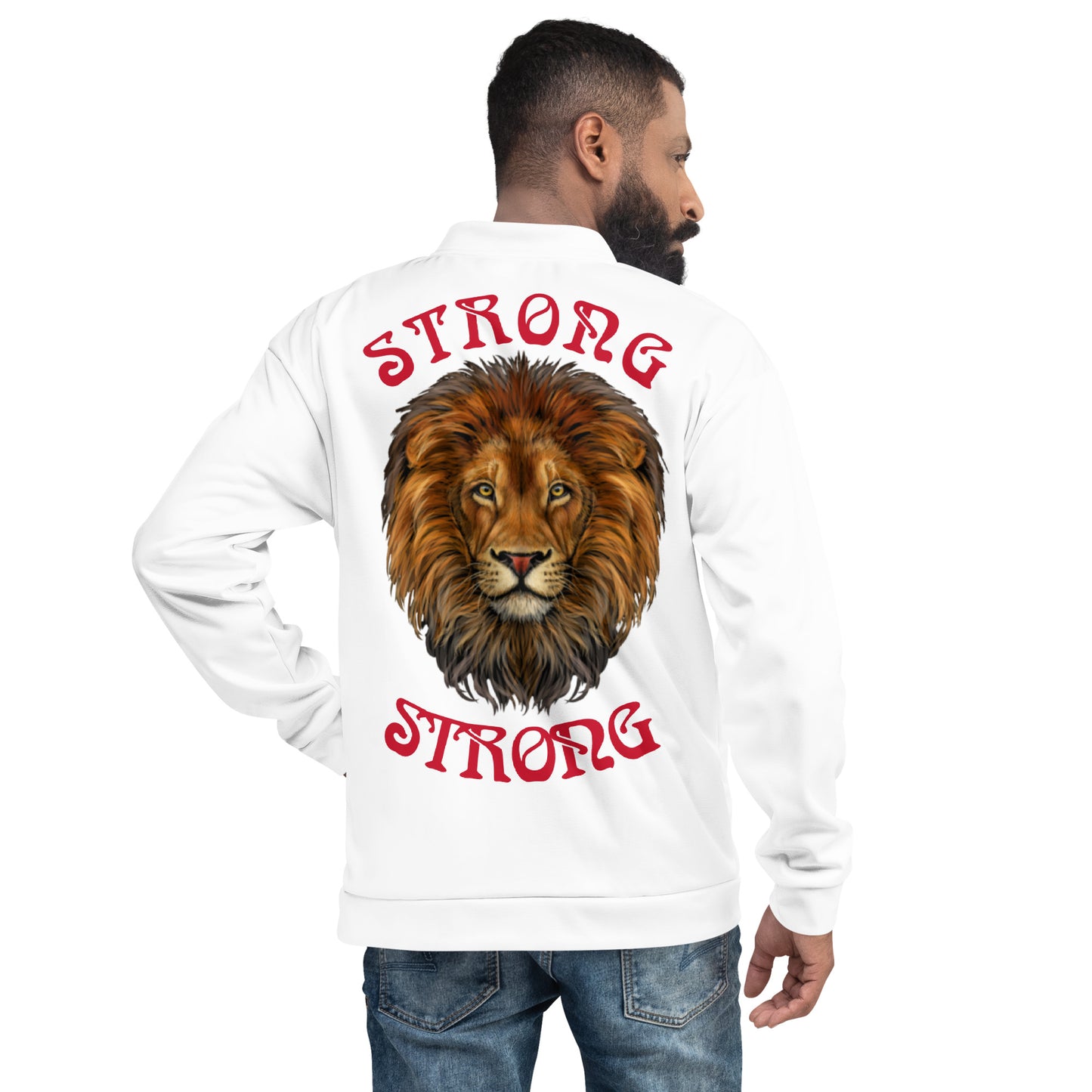 "STRONG"White Unisex Bomber Jacket W/Red Font