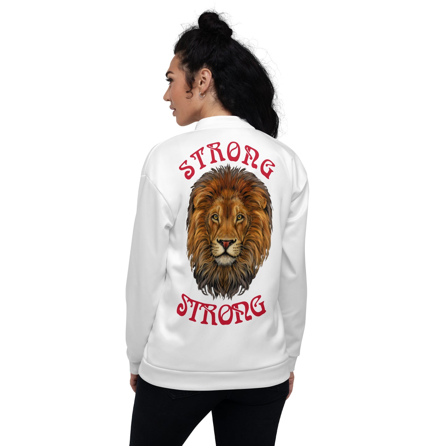 "STRONG"White Unisex Bomber Jacket W/Red Font