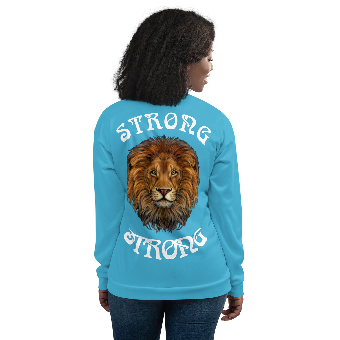 "STRONG"Sky Blue Unisex Bomber Jacket W/White Font