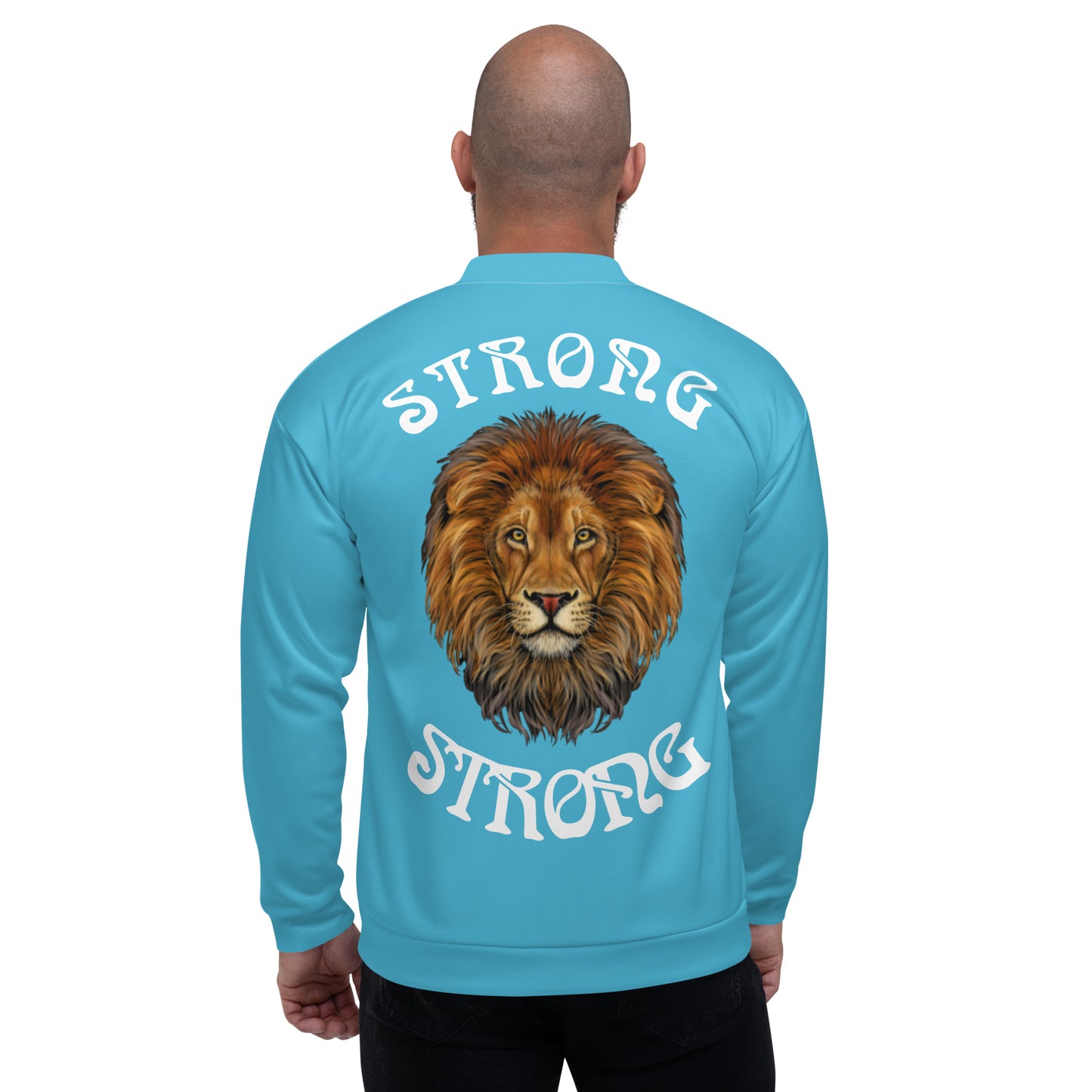 "STRONG"Sky Blue Unisex Bomber Jacket W/White Font