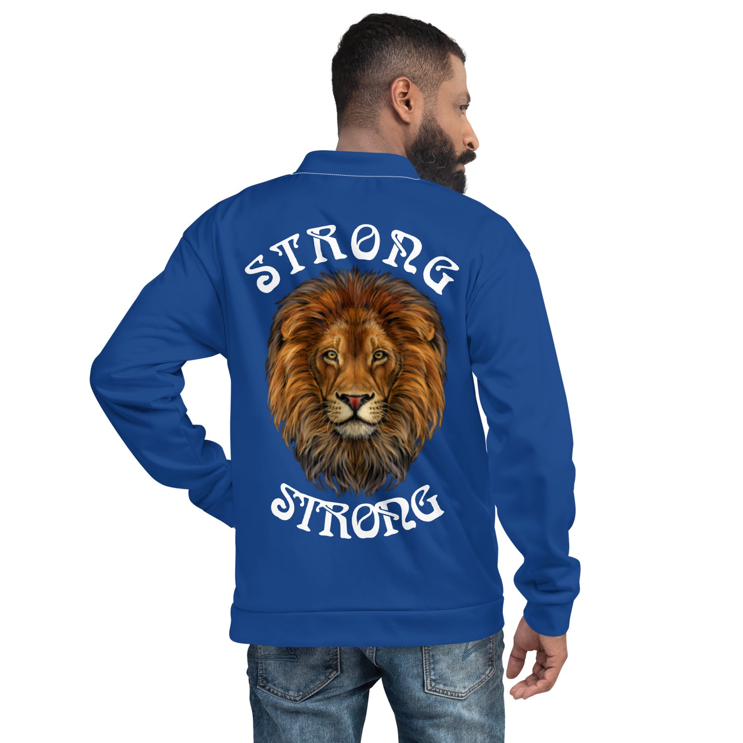 "STRONG"Navy Blue Unisex Bomber Jacket W/White Font