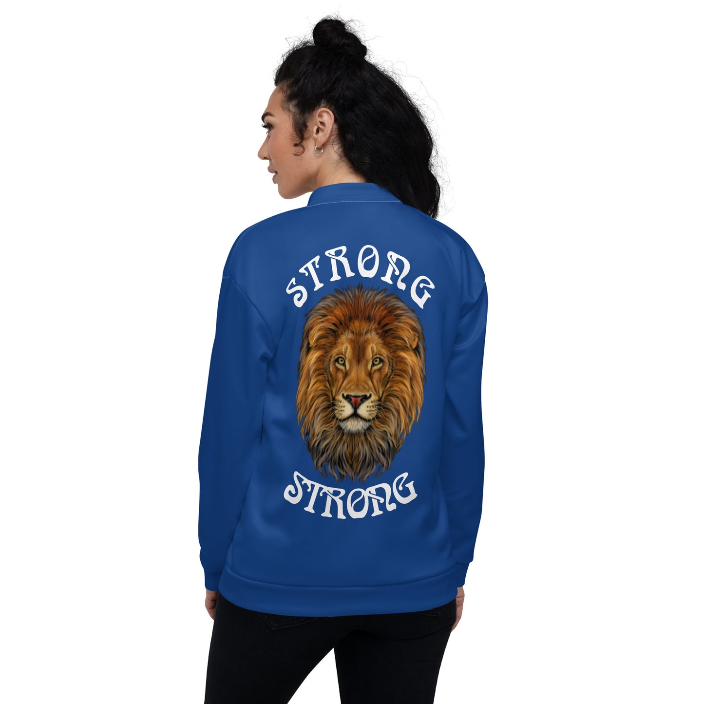 "STRONG"Navy Blue Unisex Bomber Jacket W/White Font