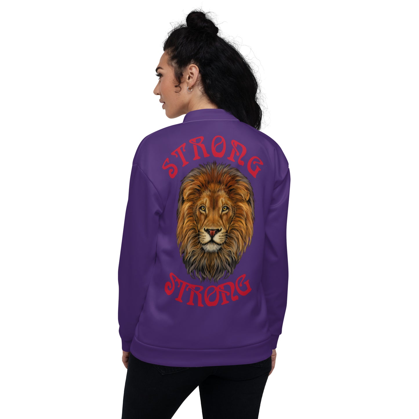 "STRONG"Purple Unisex Bomber Jacket W/Red Font