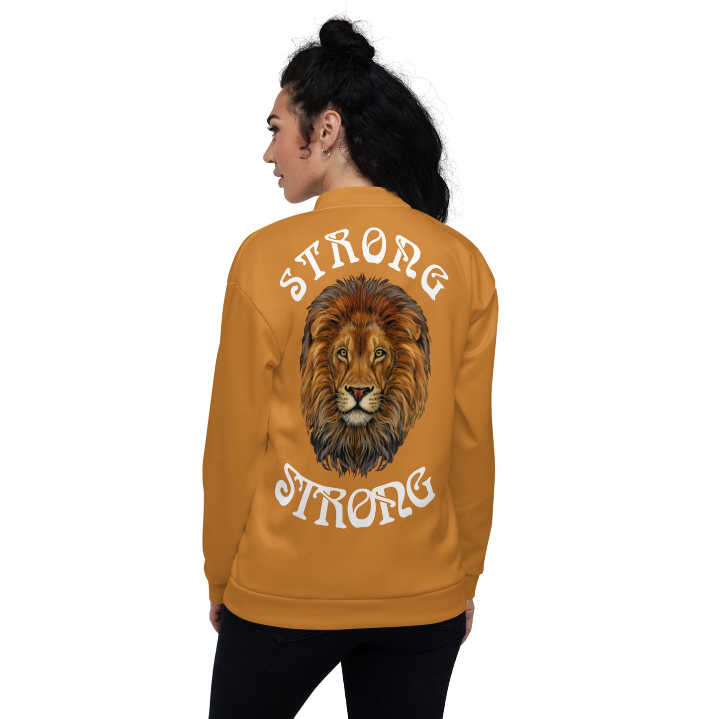 "STRONG"Bronze Unisex Bomber Jacket W/White Font