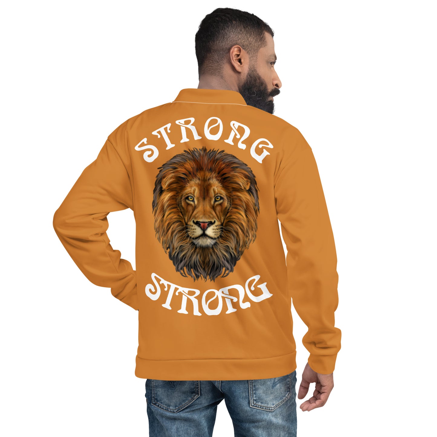 "STRONG"Bronze Unisex Bomber Jacket W/White Font