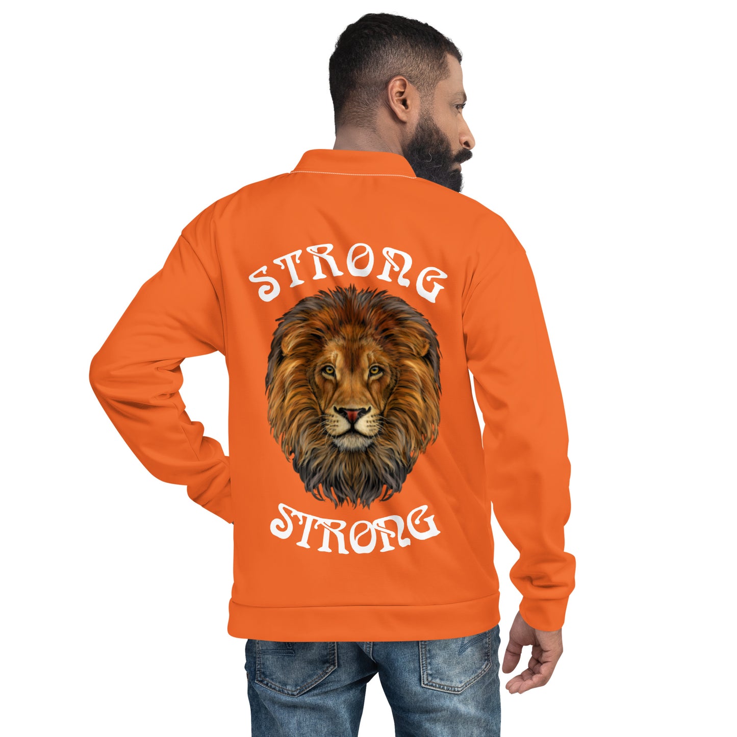 “STRONG”Orange Unisex Bomber Jacket W/White Font