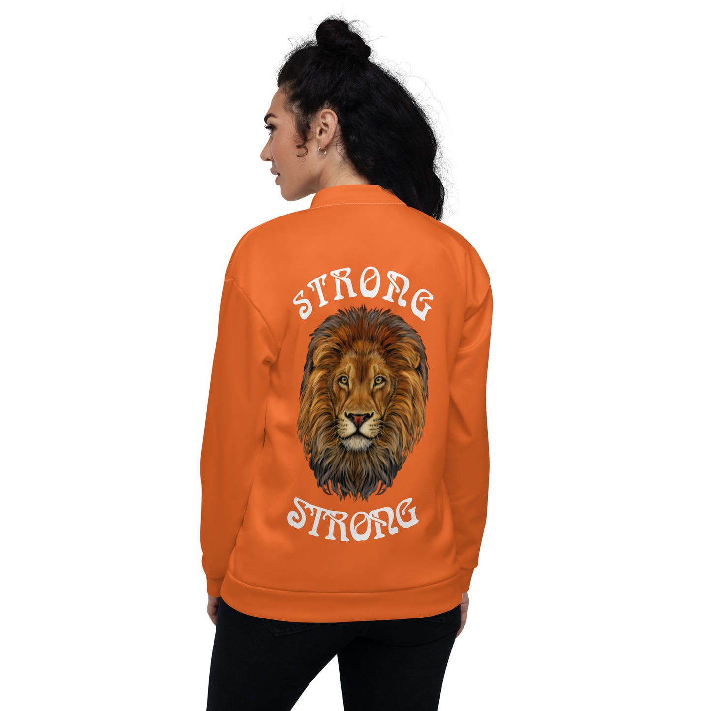 “STRONG”Orange Unisex Bomber Jacket W/White Font