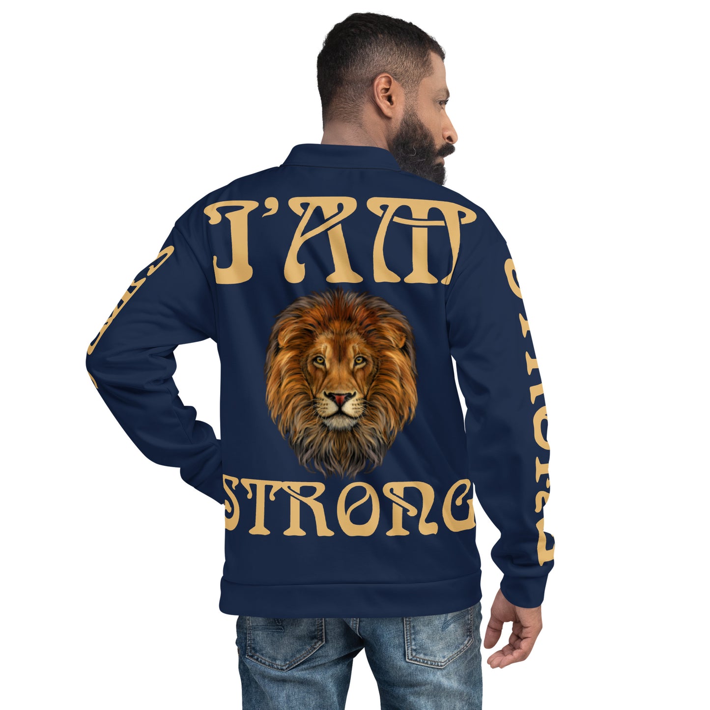 "I'AM STRONG”Navy Unisex Bomber Jacket W/Fawn Font