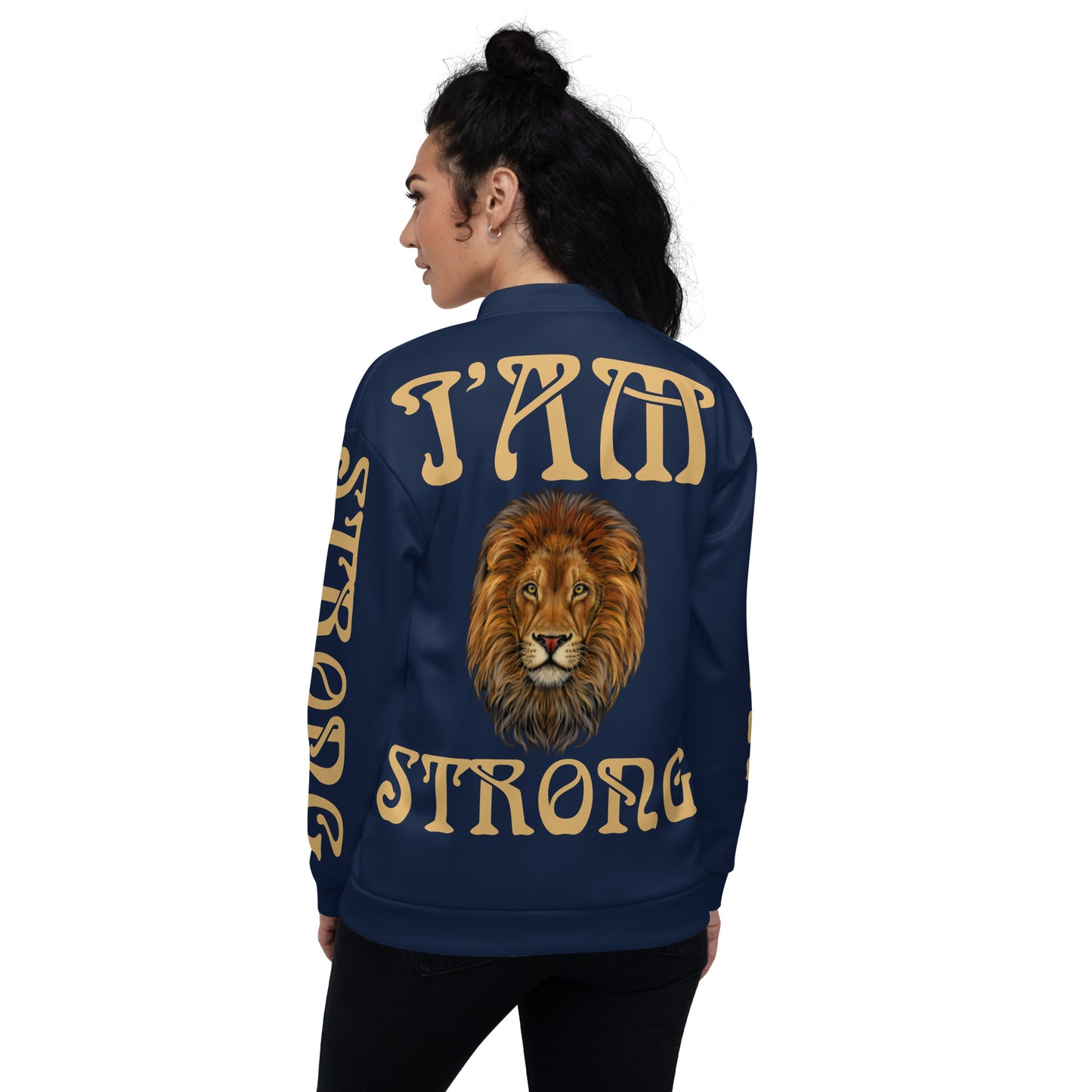 "I'AM STRONG”Navy Unisex Bomber Jacket W/Fawn Font