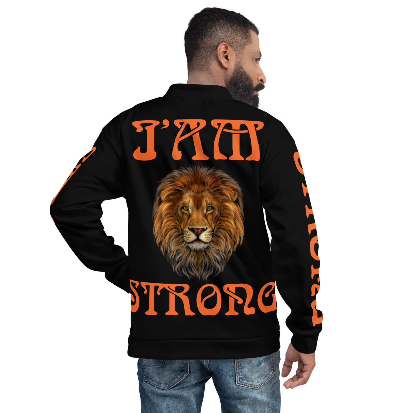 “I’AM STRONG”Black Unisex Bomber Jacket W/Orange Font