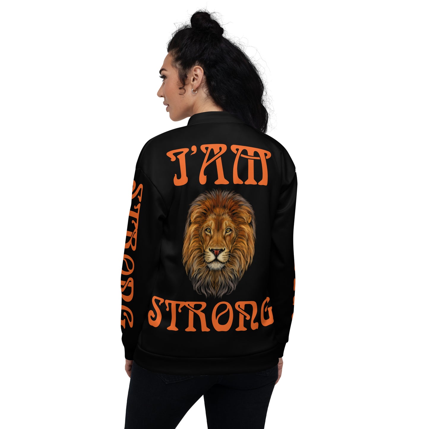 “I’AM STRONG”Black Unisex Bomber Jacket W/Orange Font