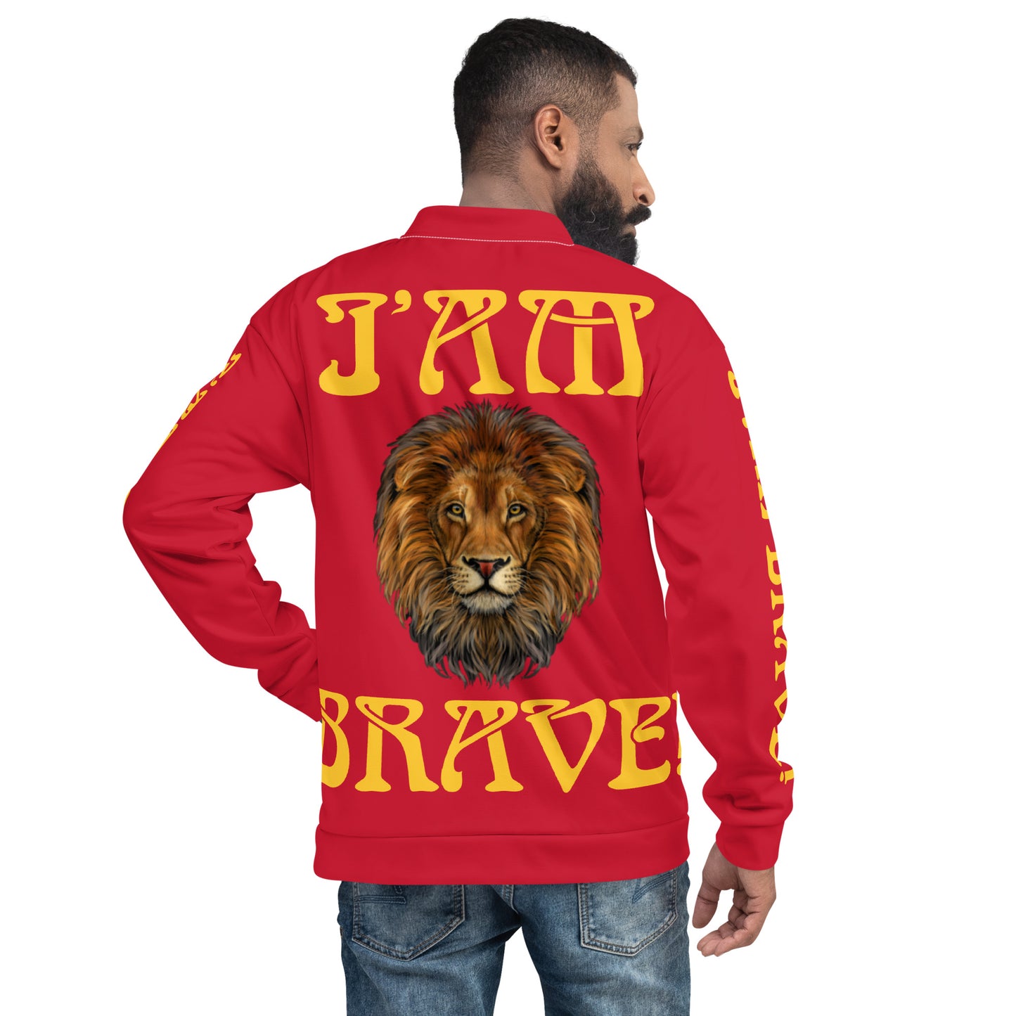 “IAM BRAVE!"Red Unisex Bomber Jacket W/Yellow Font