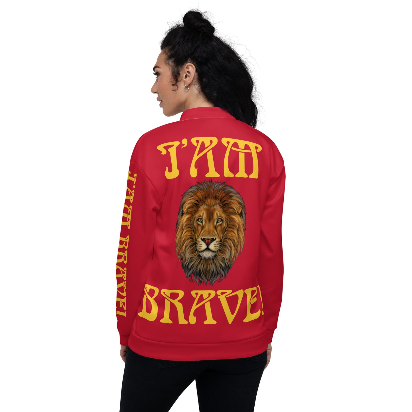 “IAM BRAVE!"Red Unisex Bomber Jacket W/Yellow Font