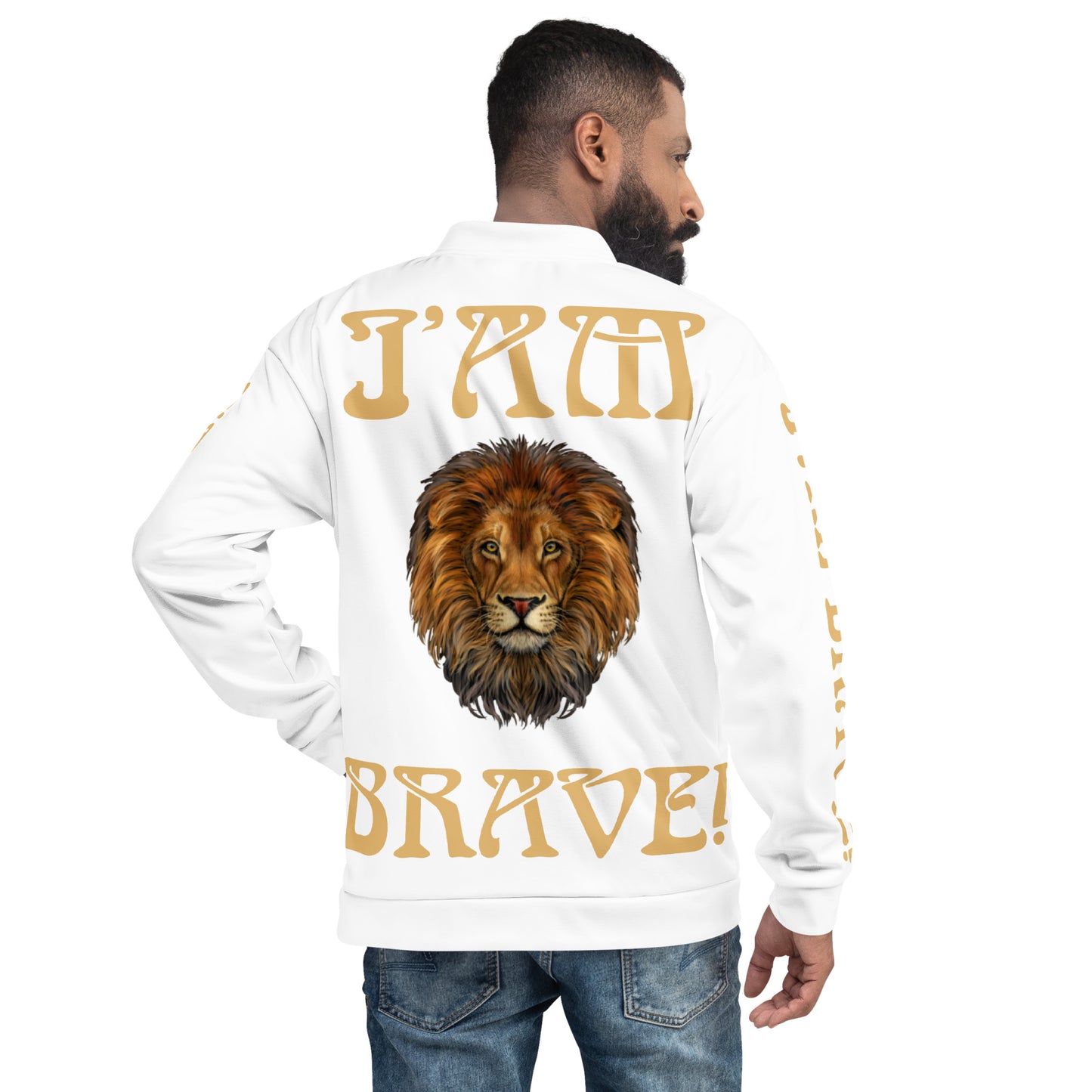 “IAM BRAVE!”White Unisex Bomber Jacket W/Fawn Font