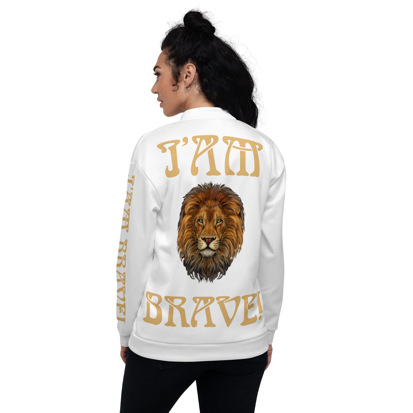 “IAM BRAVE!”White Unisex Bomber Jacket W/Fawn Font