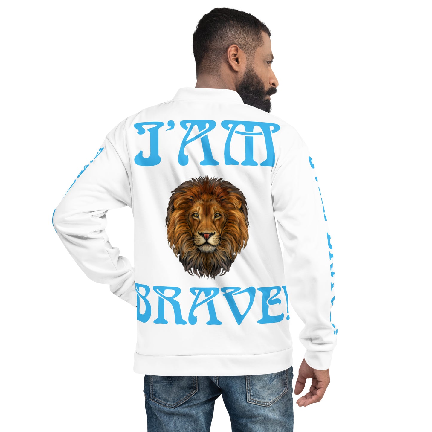 “IAM BRAVE!”White Unisex Bomber Jacket W/SkyBlue Font