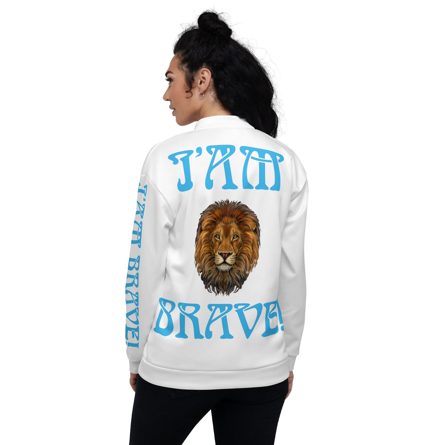 “IAM BRAVE!”White Unisex Bomber Jacket W/SkyBlue Font