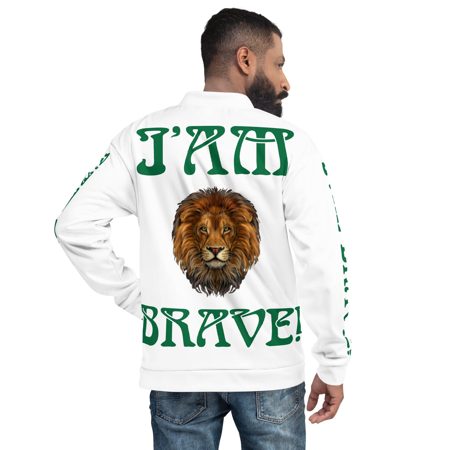 “I’AM BRAVE!”White Unisex Bomber Jacket W/Green Font