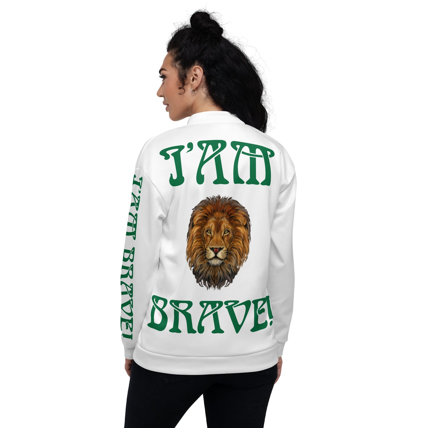 “I’AM BRAVE!”White Unisex Bomber Jacket W/Green Font